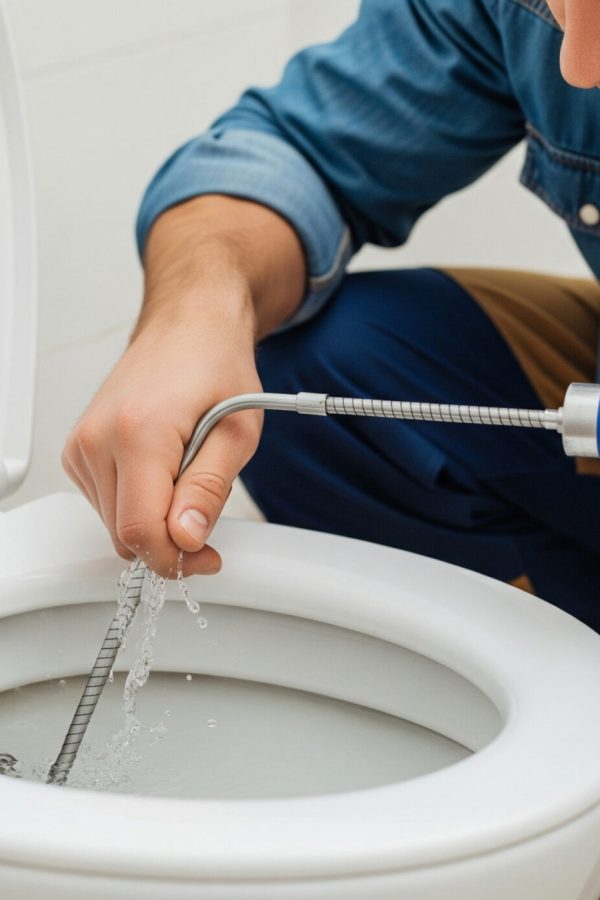 Plumber cleaning clogged drain in toilet. Close-up Plumber cleaning clogged drain in toilet. Close-up