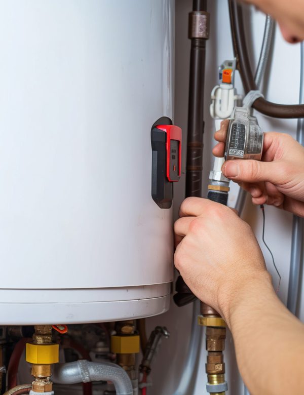 Hydraulic mechanic installer repairs an electric water heater Hydraulic mechanic installer repairs an electric water heater in a house